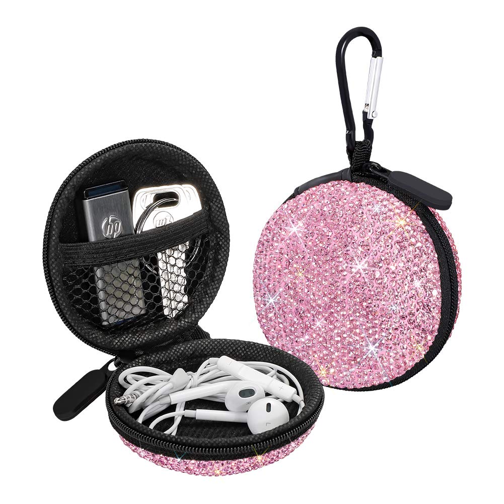 SAVORI Carrying Headphone Case Bag Small Earbud Case Bling Rhinestone Crystal Mini Portable Earphone Storage Bag Pouch for Earset & Mini Items with Carabiner (Pink)