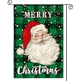 AVOIN colorlife Merry Christmas Santa Claus Garden Flag 12 x 18 Inch Double Sided, Green Watercolor Buffalo Plaid Winter Holiday Yard Outdoor Decorative Flag