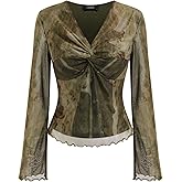CIDER Going Out Tops for Women Mesh Long Sleeve V Neck Sexy Graphic Print Y2K Grunge Clothes Trendy Fall Spring
