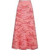 OXKnit Knittd Midi Skirts for Women, 1960s Mod Style Casual Retro Birds Pattern High Waist A Line Cotton Pink Skirts