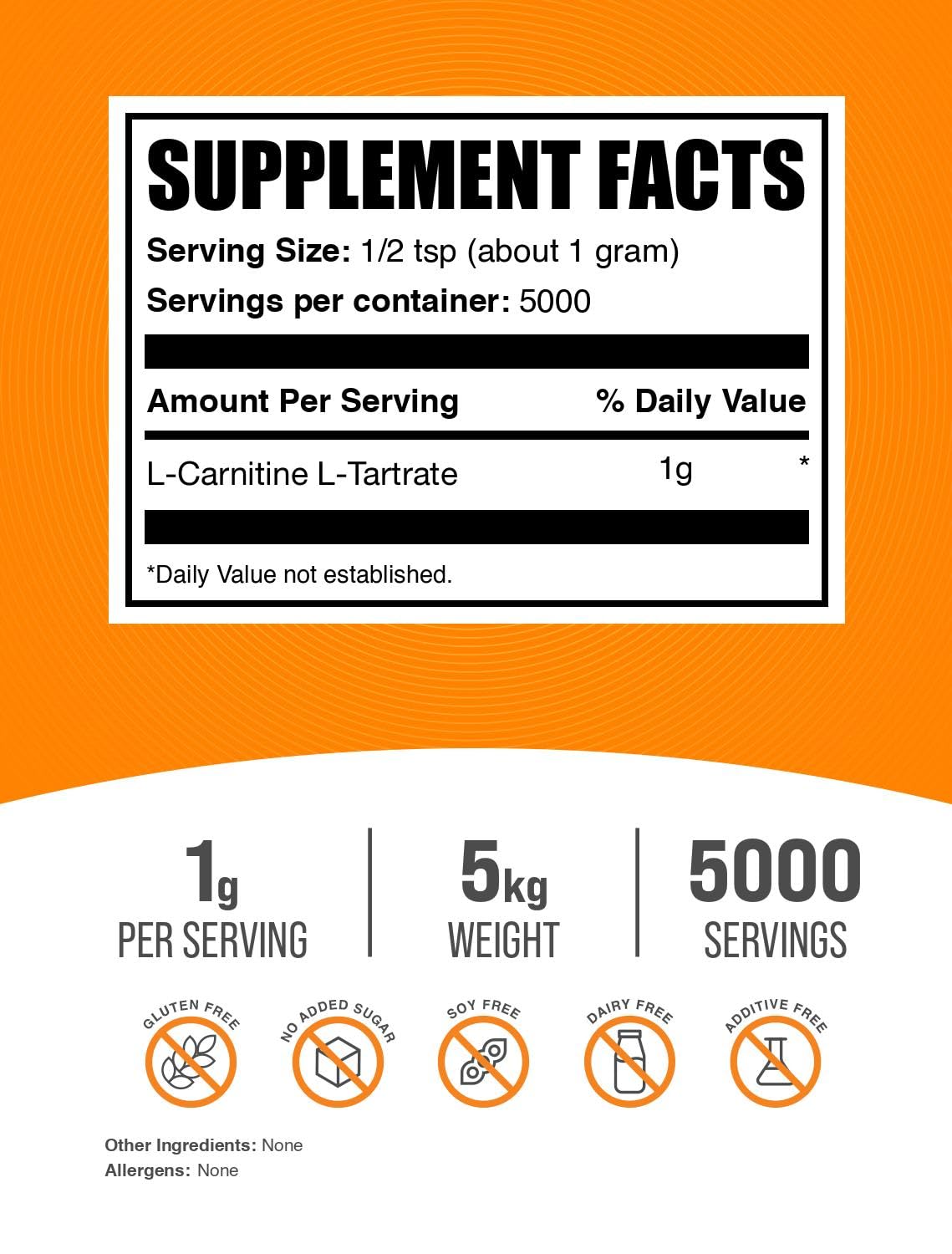 BulkSupplements.com L-Carnitine Tartrate Powder - Amino Acid Powder, Carnitine Supplement - Unflavored & Gluten Free, 1g per Serving, 1kg (Pack of 5) (11 lbs)
