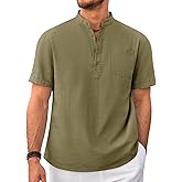 Beotyshow Men 100% Cotton Linen Henley Shirt Casual Short Sleeve Summer T Shirt Pocket Button Tee Top Beach Hippie Shirt