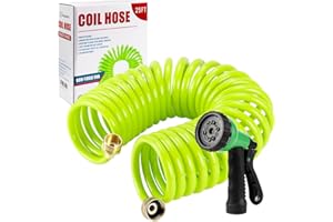 Yereen Coil Garden Hose 25FT, EVA Recoil Garden Hose, Self-coiling Water Hose with 3/4" Connector Fittings with 8 Function Spray Nozzle, Grass Green
