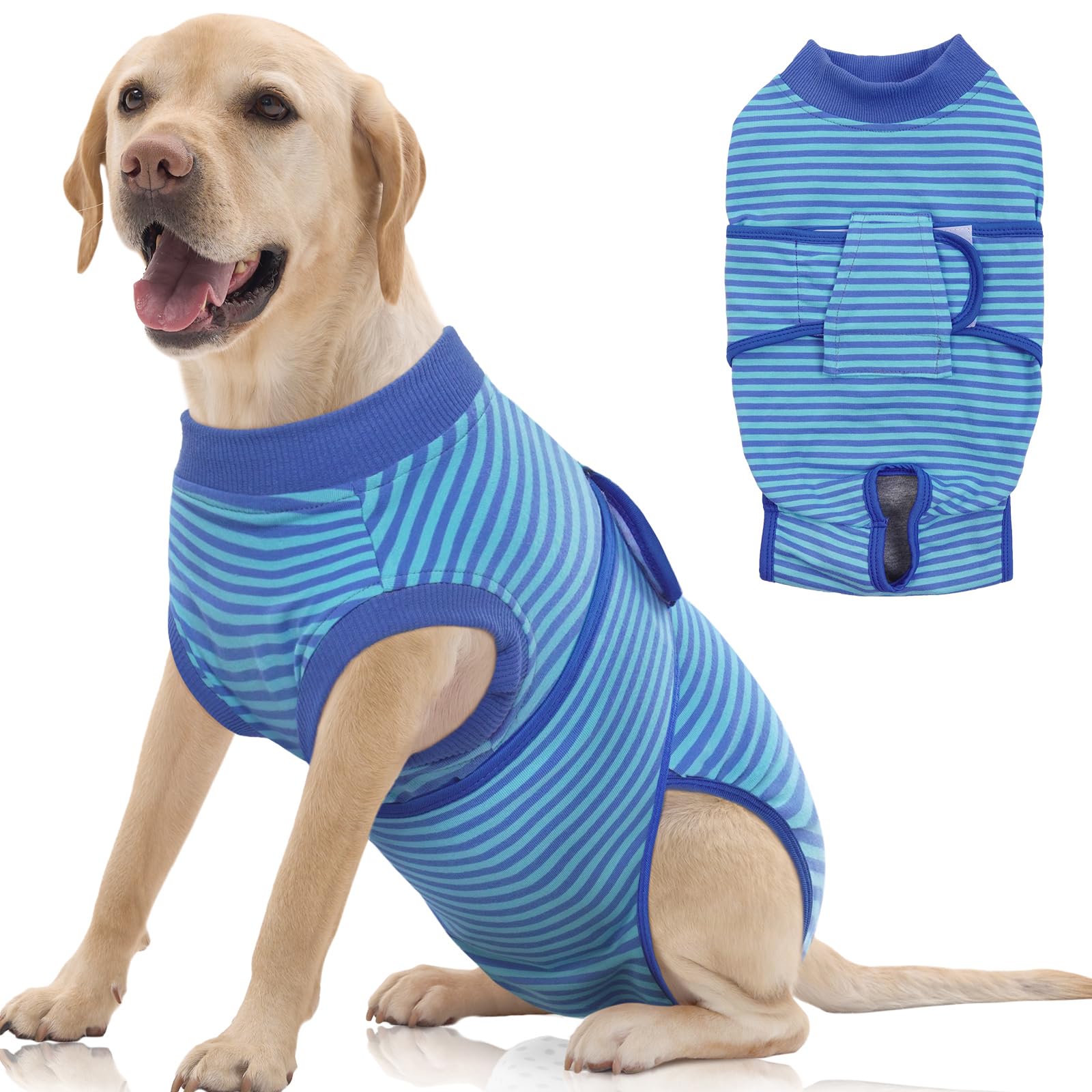 Photo 1 of FUAMEY Recovery Suit for Dogs After Surgery,Soft Breathable Dog Bodysuit E-Collar & Cone Alternative Surgical Suit,Male Female Dog Neuter Spay Suits Anti Licking Wounds Onesie Navy Blue Strips XL