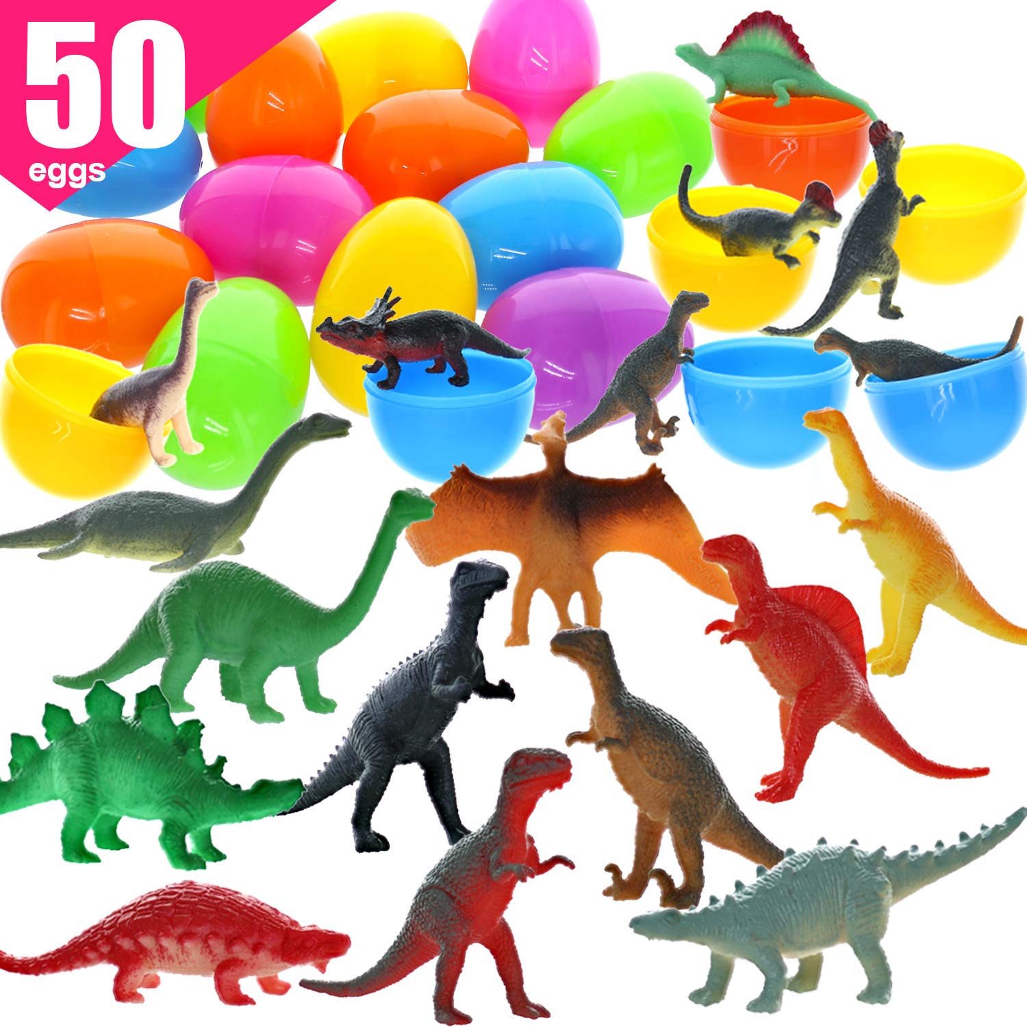 GiftExpress 50 Pcs Easter Eggs Prefilled Dinosaurs Toys - Prefilled Easter Basket Stuffers Perfect for Easter Egg Hunt, Easter Party Favors for Kids