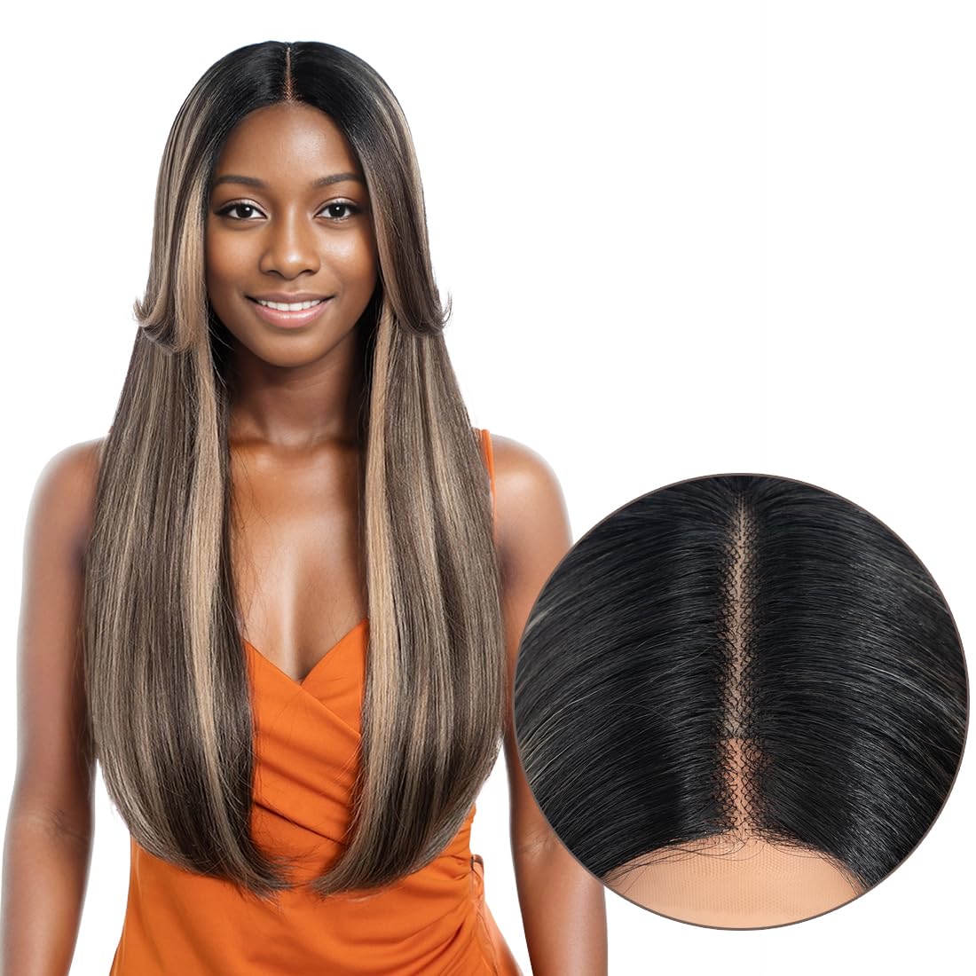 Noble Star Lace Wigs with Curtain Bangs for Women 24" Long Wavy Women Charming Synthetic Lace Front Wigs with Bangs Wig Heat Resistant Hair for Daily Party Use NTPDHL 1B/8/26R#