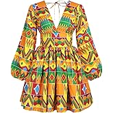 Mocure African Dashiki Printing Dress Long Sleeve Midi Fit Foraml A Line Swing Dresses