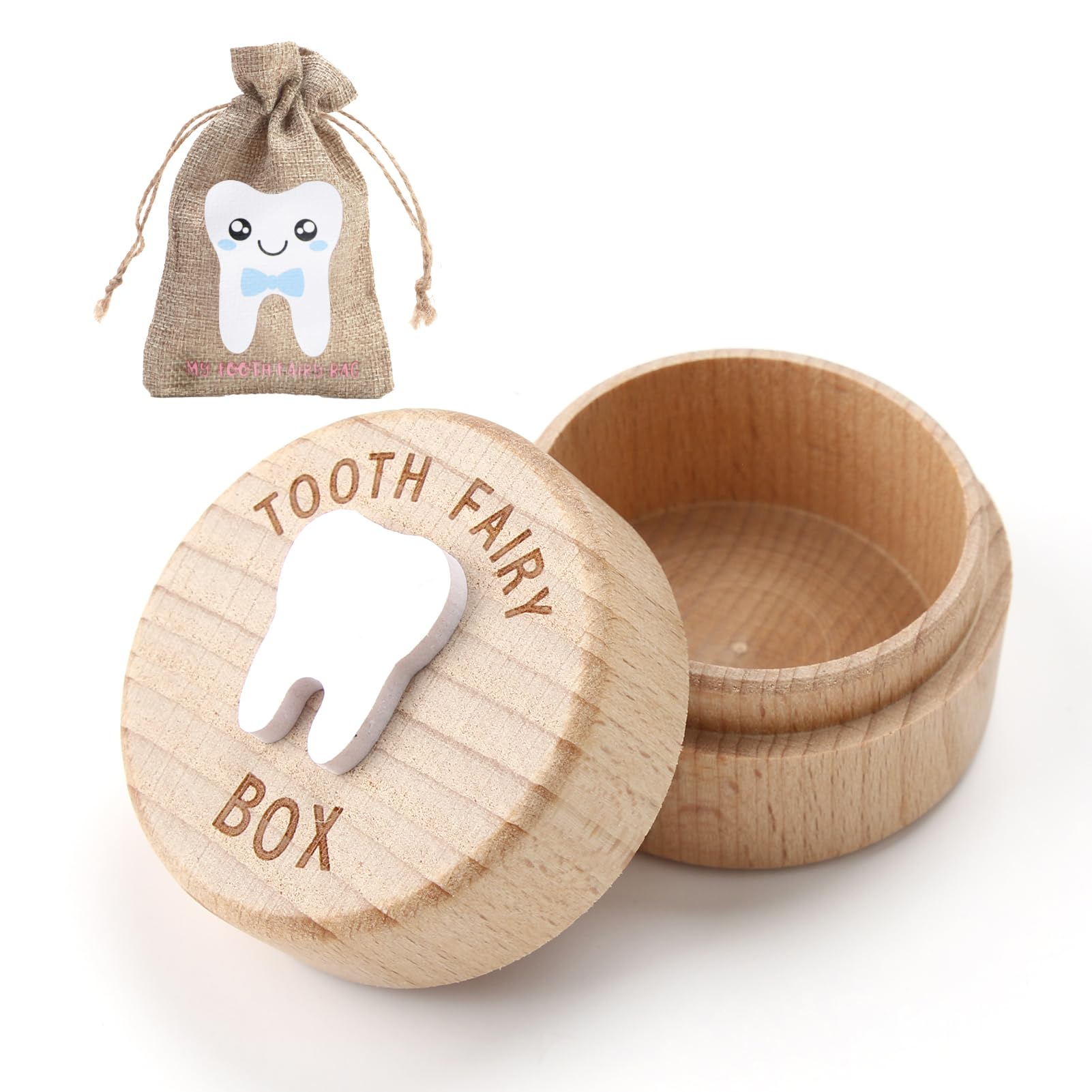 Novstuf Tooth Fairy Box, Tooth Box with Tooth Fairy Bag Cute Tooth Fairy Kit 3D Carved Wooden Storage Box Gift Tooth Fairy Pouch Tooth Keepsake Used to Store Dropped Teeth - 2 Piece (Blue Bow)