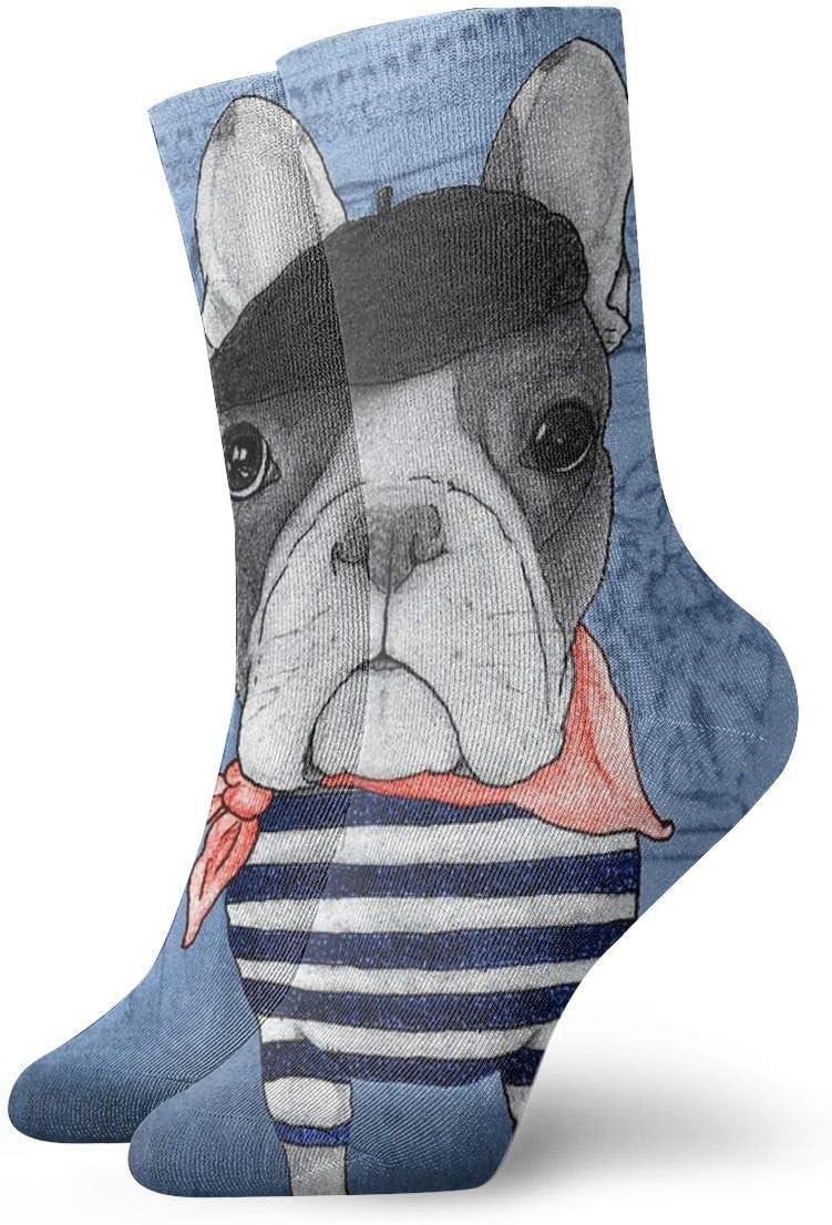 BlueBlingCotton Crew Socks for Women&Men Compression Athletic Socks Frenchie With Arc De Triomphe pattern Dress Socks 11.8inch 30cm