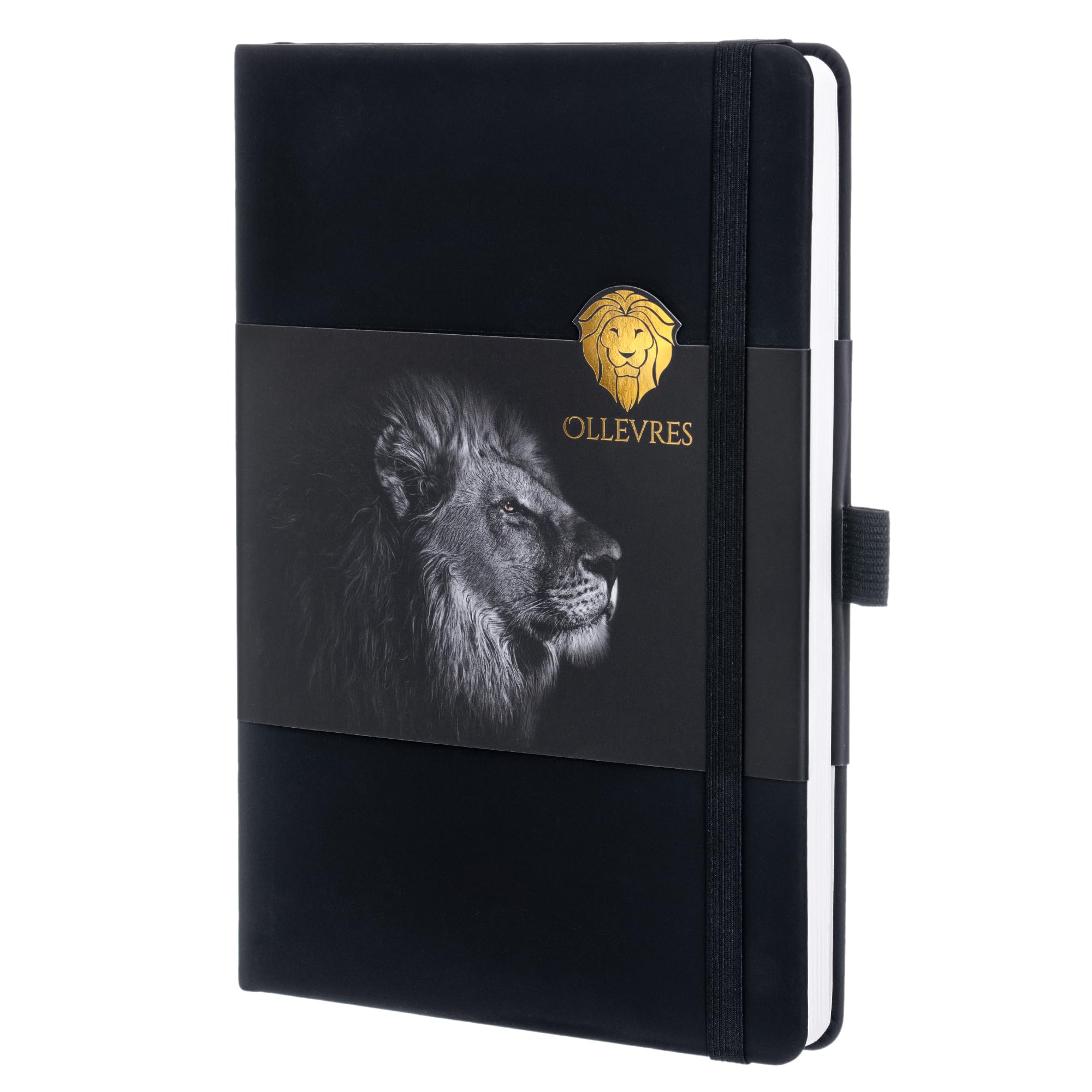 OLLEVRES - Notebook A5, lined with 120 g/m² premium paper, 160 pages, soft-touch hardcover, classic design, black, thread binding, pen holder, document pocket, elastic closure band