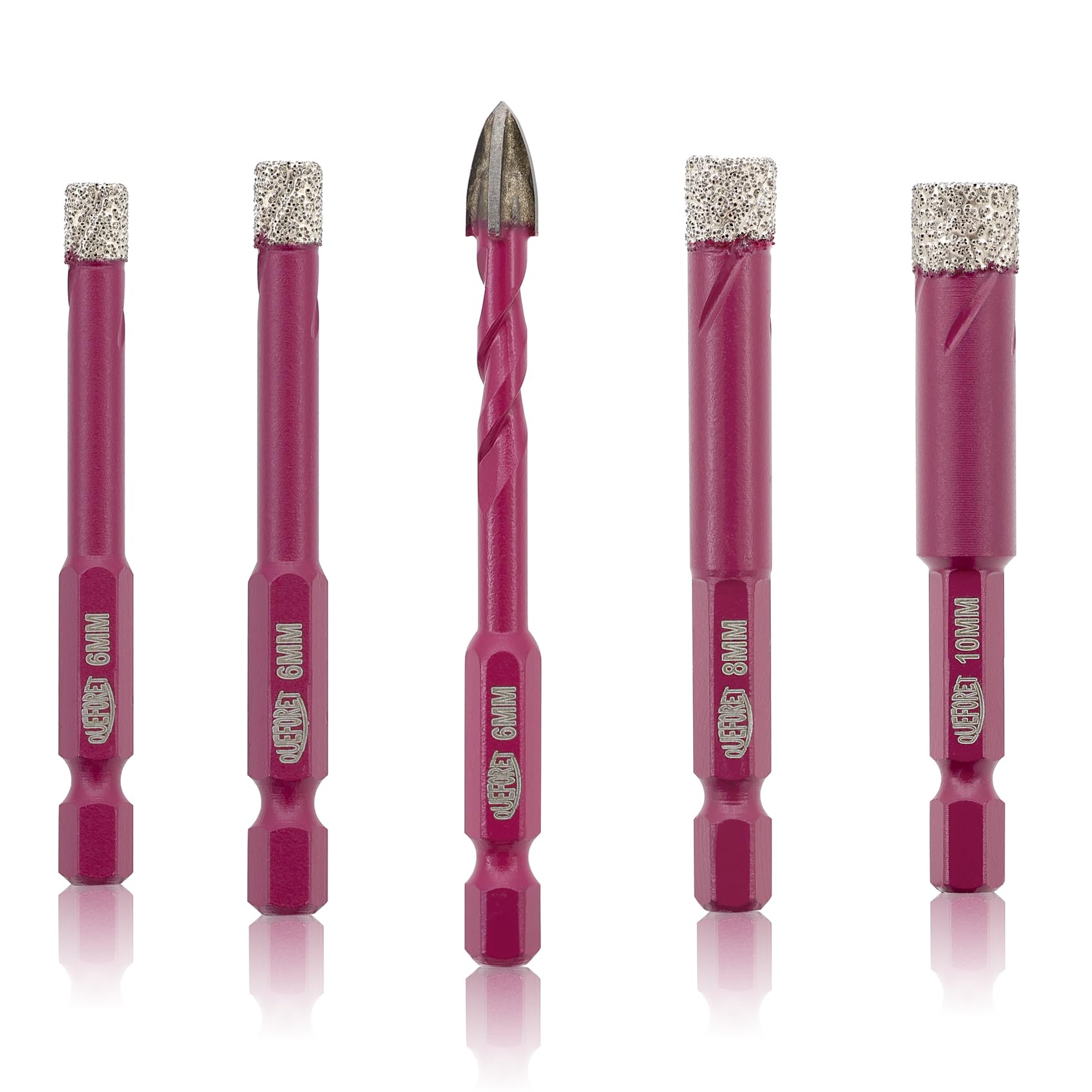 QUEFORET Diamond Drill Bits Set 5pcs - 4pcs 6/6/8/10mm Dry Hole Saw, 1pc 6mm Carbide Bit for Ceramic Porcelain Tile Marble Granite, Quick Change Hex Shank