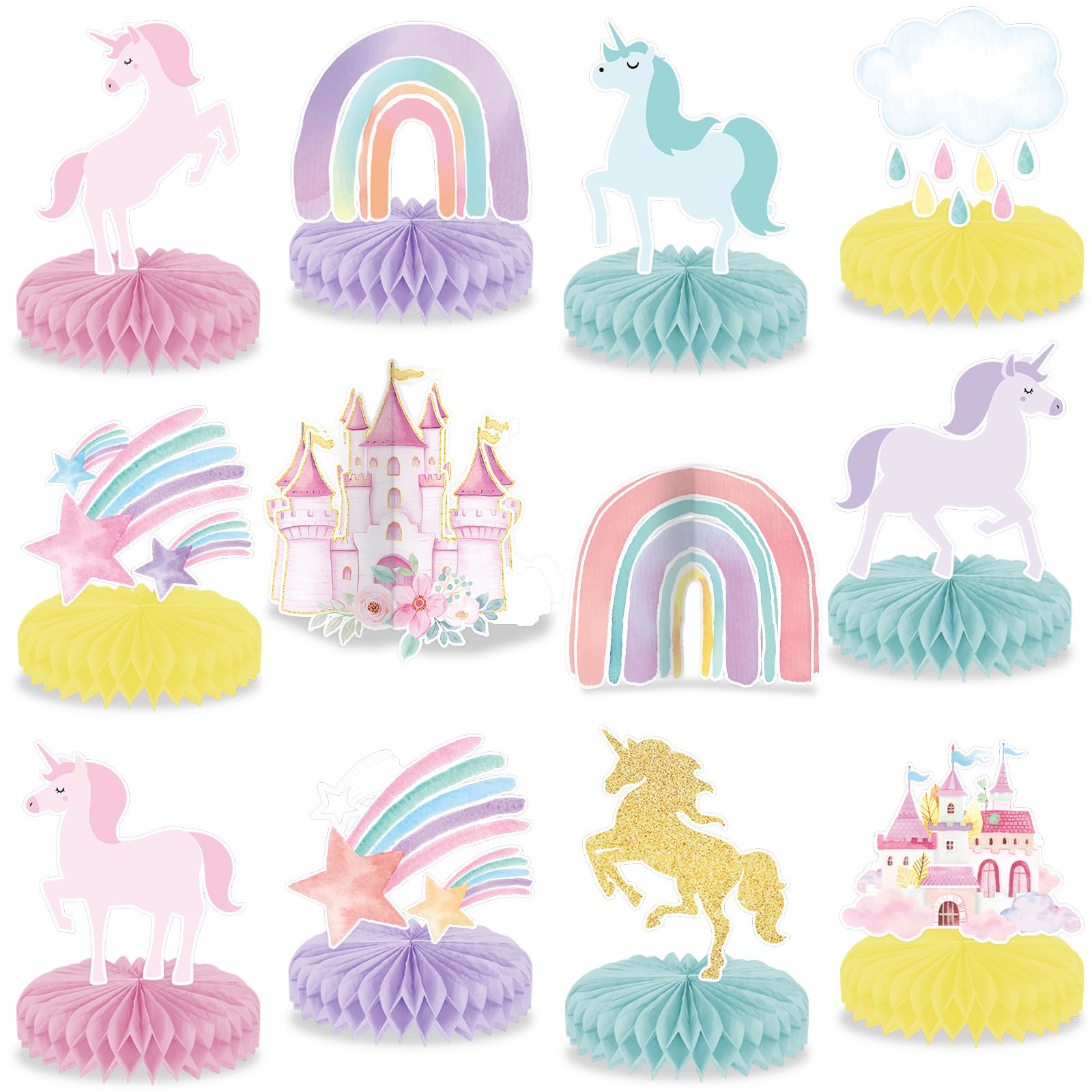 Photo 1 of 12Pcs Unicorn Rainbow Honeycomb Centerpieces Magical Pastel Unicorn Party Decoration Pastel Rainbow Castle Table Topper Centerpiece for Girls Princess Theme Happy Birthday Baby Shower Party Decor