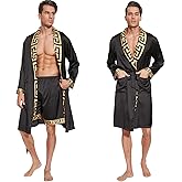N&D Eyong Men's Luxurious Silk Feeling Bathrobes Long Sleeve Satin Kimono Robe with Shorts Sleepwear Set Printed Bathrobes…