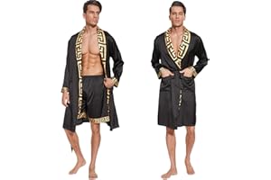 N&D Eyong Men's Luxurious Silk Feeling Bathrobes Long Sleeve Satin Kimono Robe with Shorts Sleepwear Set Printed Bathrobes…