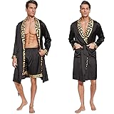 Men's Luxury Silk Kimono Robe Set - Long Sleeve Satin Bathrobe With Matching Shorts, Printed Design For Spa, Pool & Lounge Wear