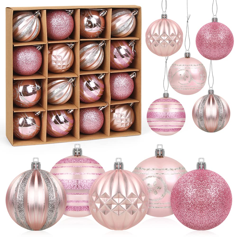 Bluelves Christmas Baubles Pink, 16Pcs Christmas Balls, Xmas Tree Decorations, Christmas Tree Ornaments Pink 6cm, Christmas Tree Decorations Set, Xmas Hanging Decorations