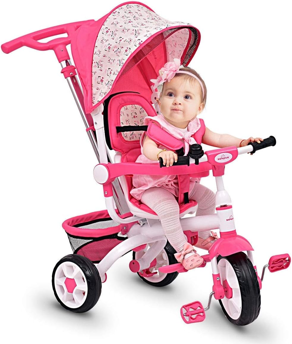 CHOOSEandBUY 4-in-1 Detachable Baby Stroller Tricycle with Round Canopy Children Classic Wheels Comfortable Cushion - Pink