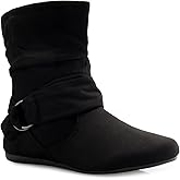 Olivia K Womens Low Heel Slouch Suede Slip On Casual Ankle Boots with Ring Buckle and Side Zipper