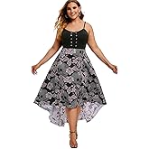 Rosegal Womens Plus Size Gothic Grommet High Low Floral Skull Dress A Line Halloween Rockabilly Cami Dress