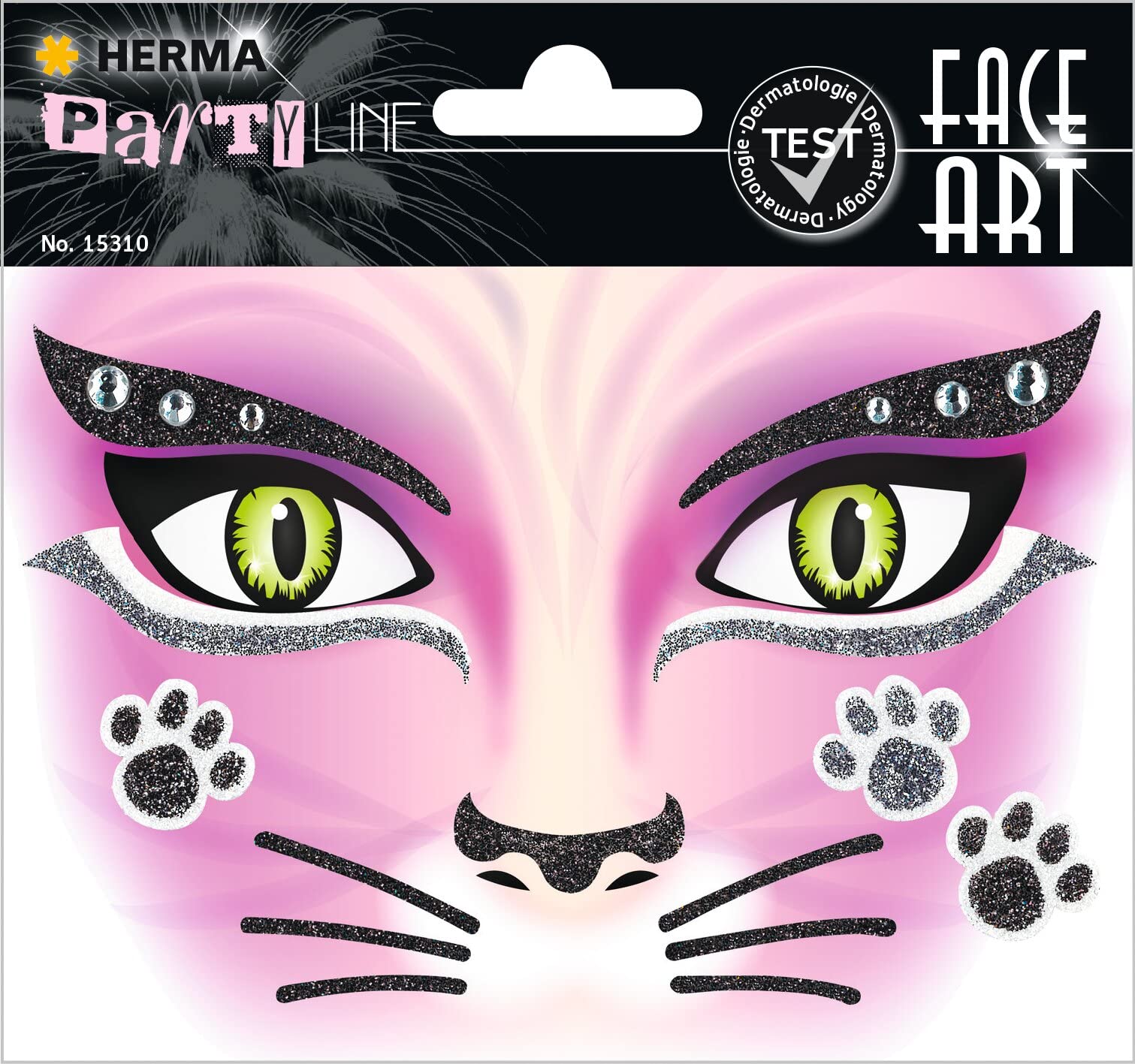 HERMA 15310 Face Art Sticker - Pink Cat, Dermatologically Tested, Removable Face Stickers, Temporary Tattoos, Glitter Face Paint for Carnival, Halloween, Children and Adults, Colourful