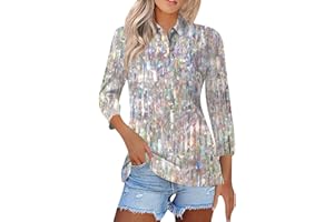 ROKIACDE 3/4 Sleeve Tops Polo Shirts for Women,Vintage Printed V Neck T Shirt Casual Blouses Button Down Pullover S-3Xl