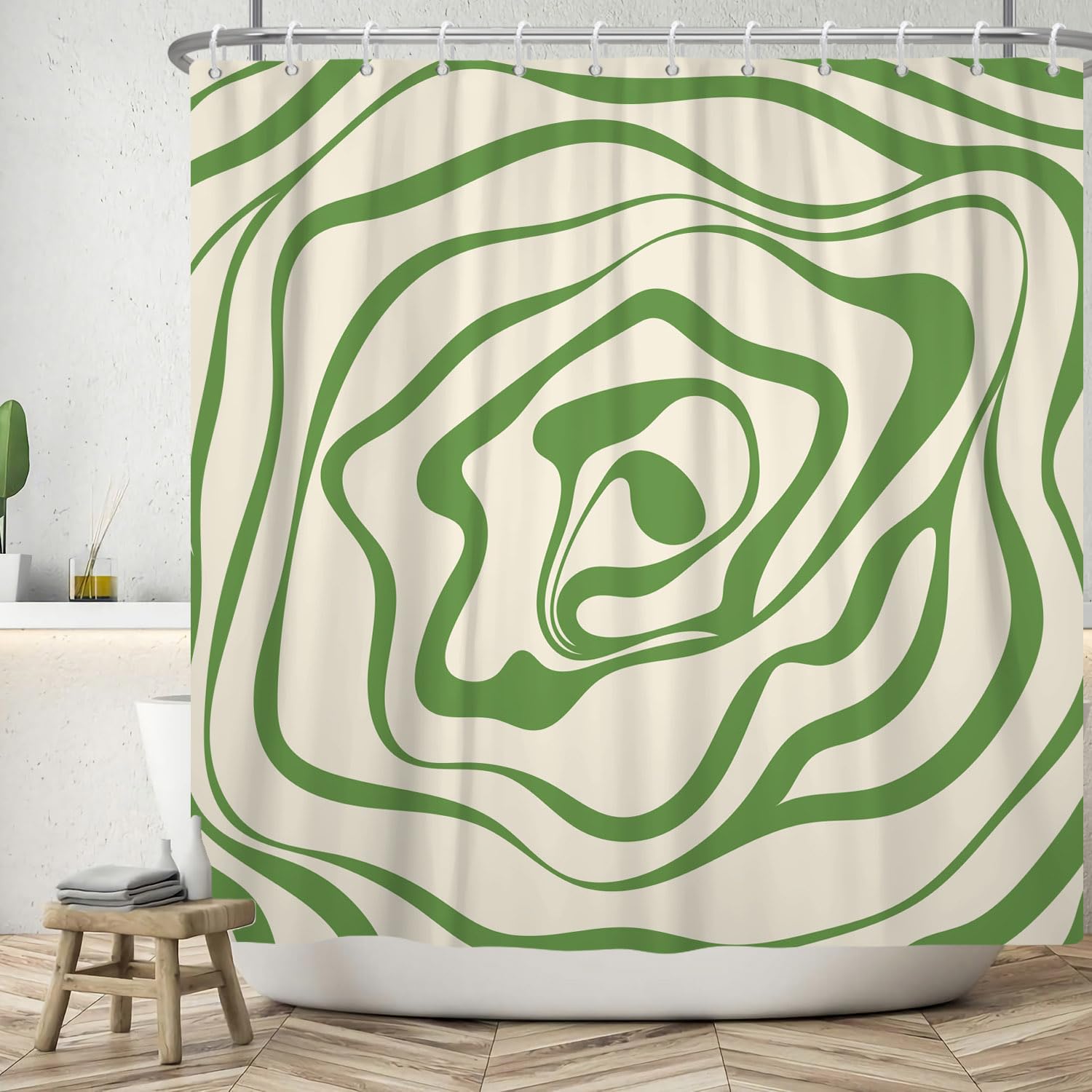 ASDCXZ Shower Curtain 180x200 cm, Modern Simplicity Green Beige Irregular Wave Pattern Bath Washable Shower Curtains Polyester Textile Waterproof Bath Curtain for Bathtub with 12 Hooks — image 1
