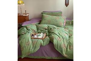 VM VOUGEMARKET Linen Cotton Jacquard Duvet Cover Queen,3 Pcs Yarn-Dyed Textured Duvet Cover Set Green Purple Floral Bedding Breathable, Natural Wrinkled Look-No Comforter
