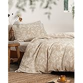 MILDLY Linen Cotton Duvet Cover - Jacquard Textured Leaves Comforter Cover Set 3pcs with Zipper Closure Breathable & Minimalist for All Season