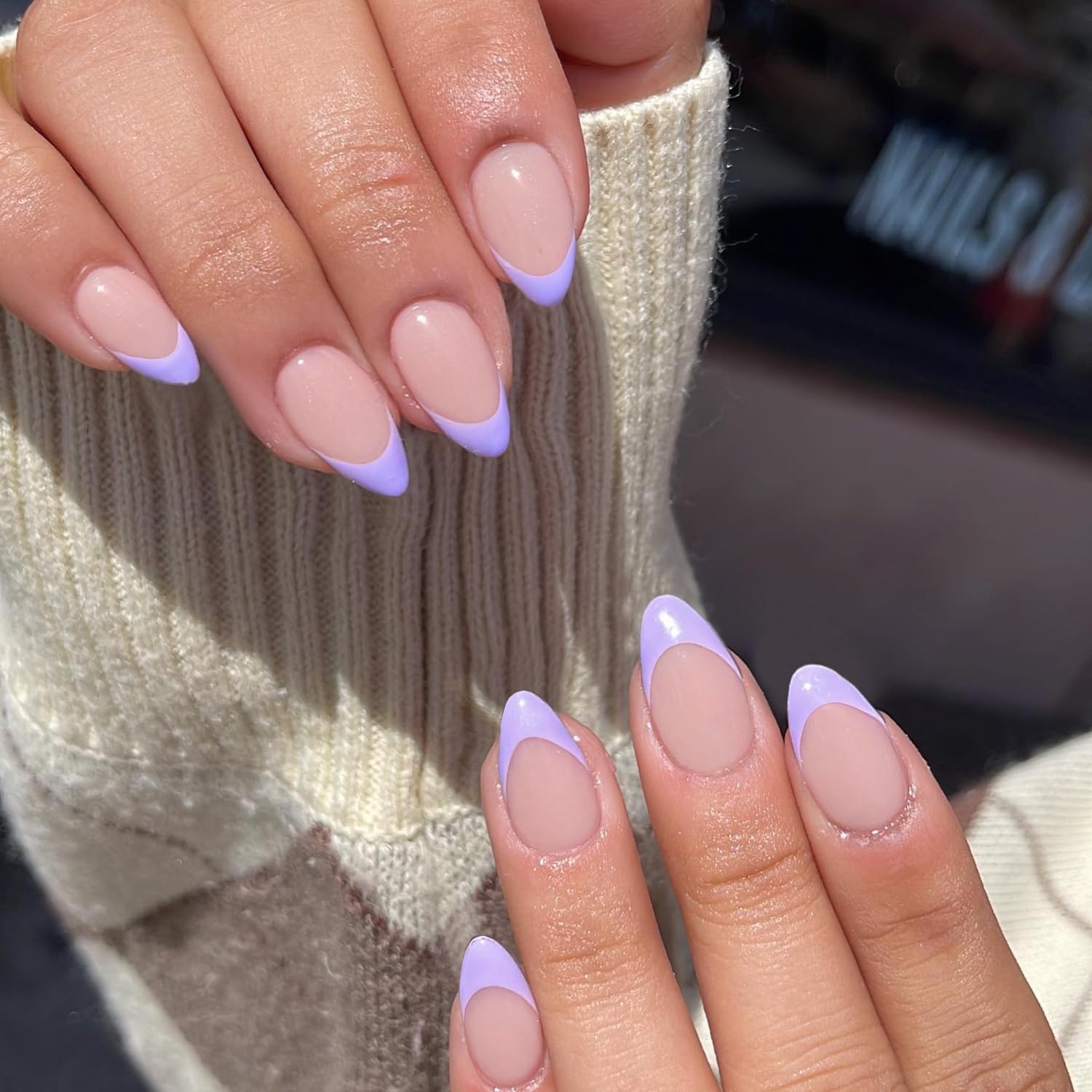 30Pcs Purple French Tip Press on Nails Short Almond Nails Press ons, Short Fake Nails Almond Shaped Acrylic French Glue on Nails False Nail for Women, Natural Stiletto Nail 15 Sizes - Image 3