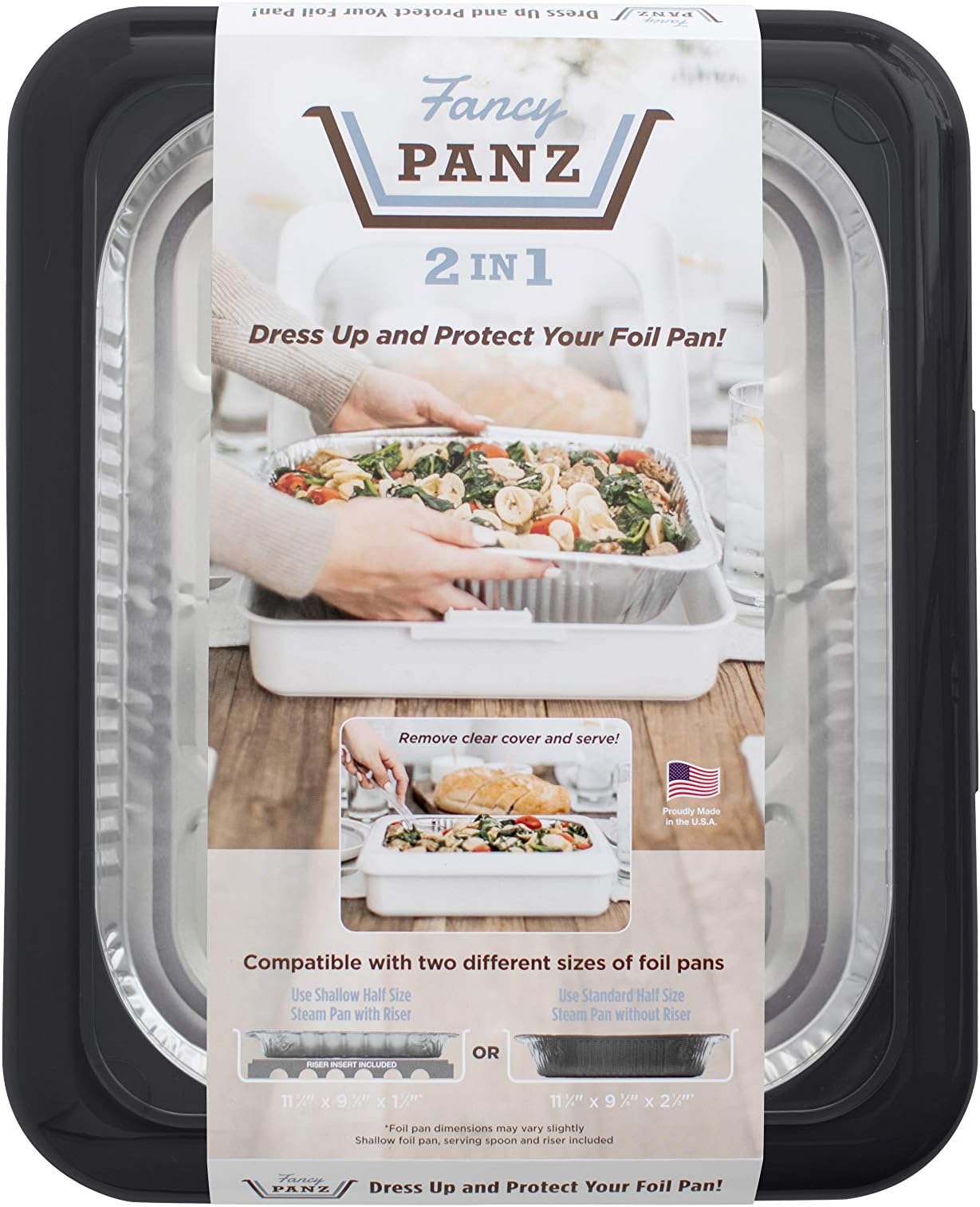 Fancy Panz 2-in-1 Dress Up & Protect Your Foil Pan, Made in USA, Fits 2 size of foil pans. Foil Pan & Serving Spoon Included. Hot or Cold Food. Stackable for easy travel. BPA free (Charcoal)