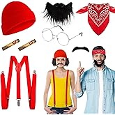 Halloween Men's Costume Kit with Glasses, Red Bandana, Scruffy Mustache,Red Hat,Elastic Suspenders for Party Cosplays