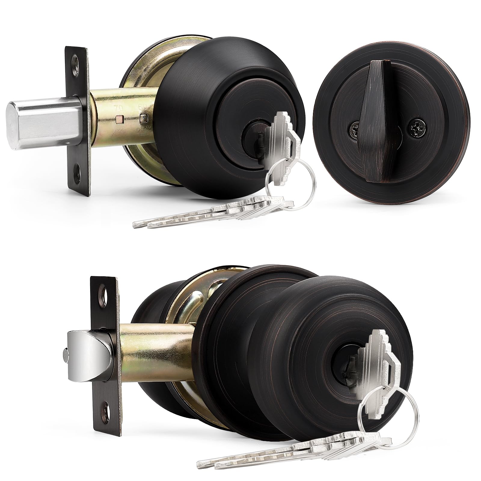 View 1 of Probrico Keyed Alike Round Ball Entry Door Knob and Single Cylinder Deadbolt Set, Oil-Rubbed Bronze, 1Pack