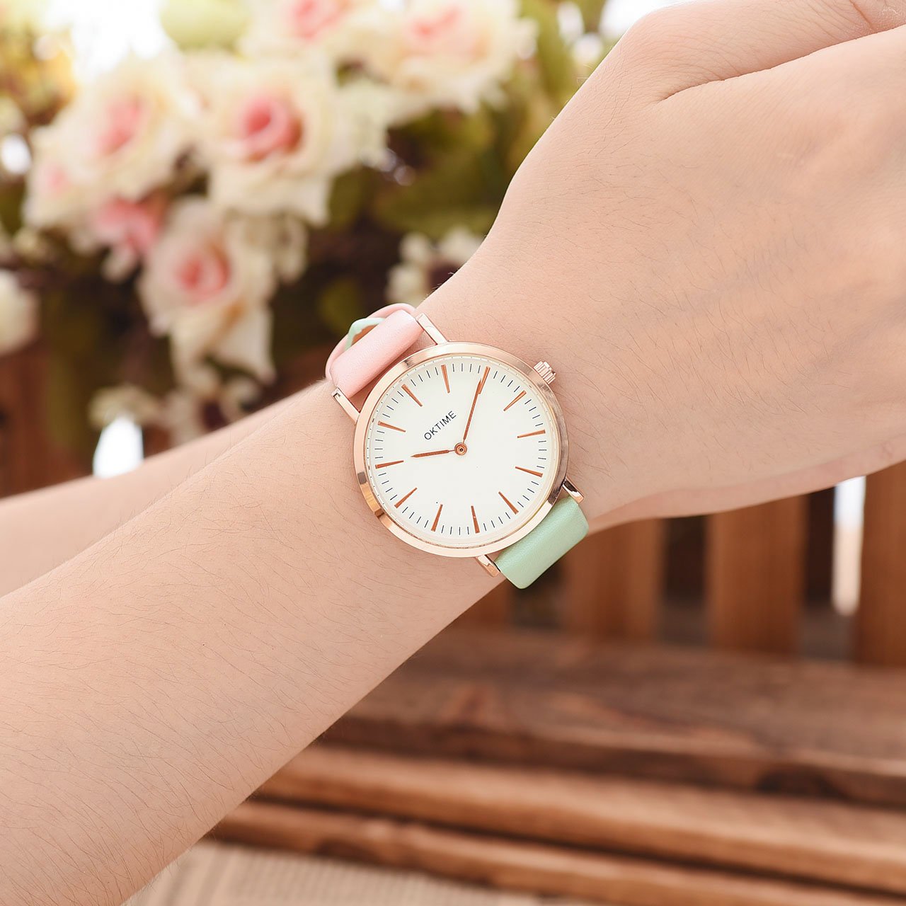 JSDDE Uhren,Fashion Cute Candy Farbe Damen Armbanduhr Pink-Grün Farbverlauf Kleid Uhr PU Lederband Analog Quarz Uhr