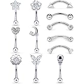 Oufksiyy 16G Rook Piercing Jewerlry Surgical Steel Eyebrow Piercing Jewelry Flower Crystal Heart CZ Moon Shape Eyebrow Rings Snake Eyes Rook Earrings for Women Men Tongue Retainer,Silver Barbell