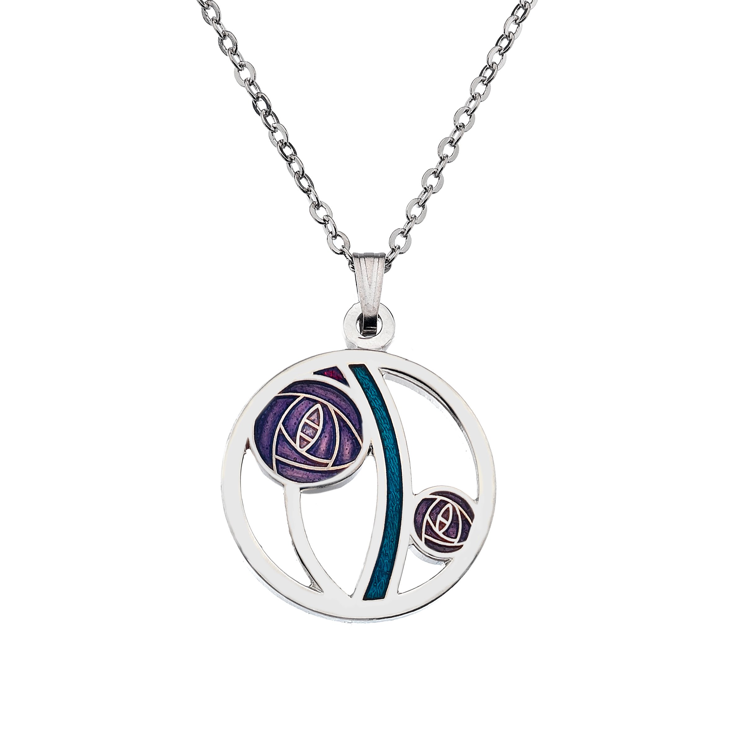 Rennie Mackintosh Inspired Round Enamelled 20mm Double Rose Necklace Pendant On 16 Inch Chain In Presentation Box (Purple)