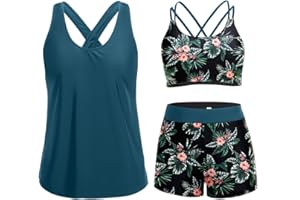 Holipick 3 Piece Tankini Swimsuits for Women Tummy Control Bathing Suits Swim Tank Top with Bra Boy Shorts Teen Swimwear