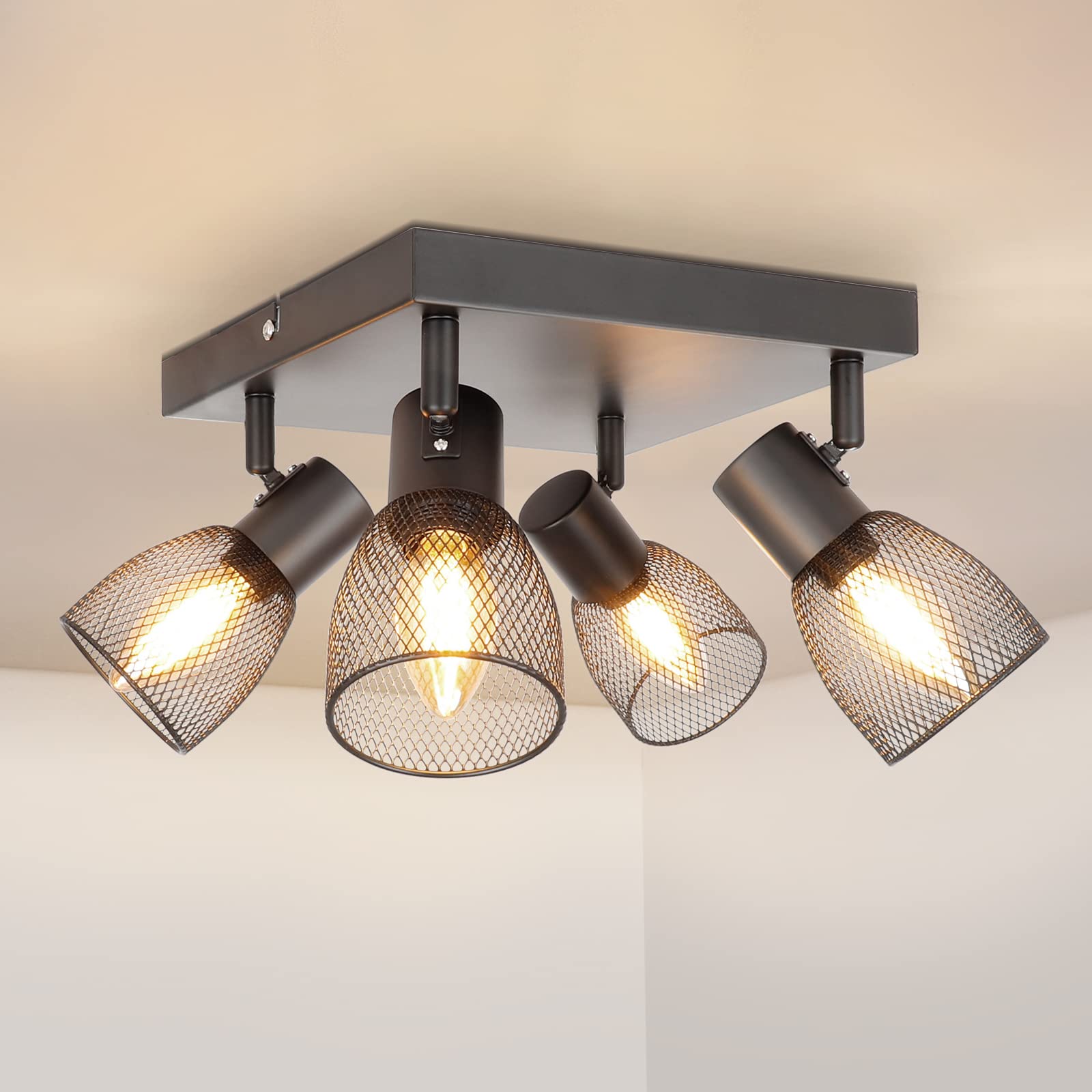 Dehobo Spot Light Fittings for Ceilings Adjustable Metal Mesh Shade Kitchen Lights Ceiling Spotlights with E14 Base Black 4 Way Ceiling Light Industrial for Indoor Bedroom Hallway Living Room Shop