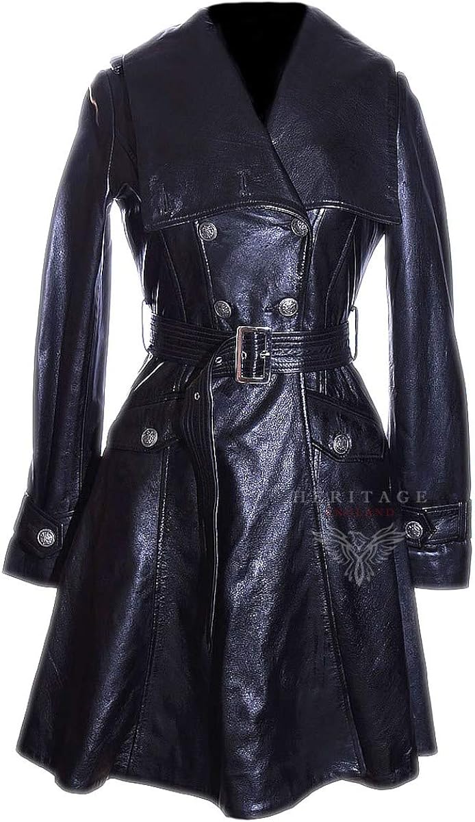 Caroline Black Ladies Women's Military Style Double Breasted Knee Length Designer Real Lambskin