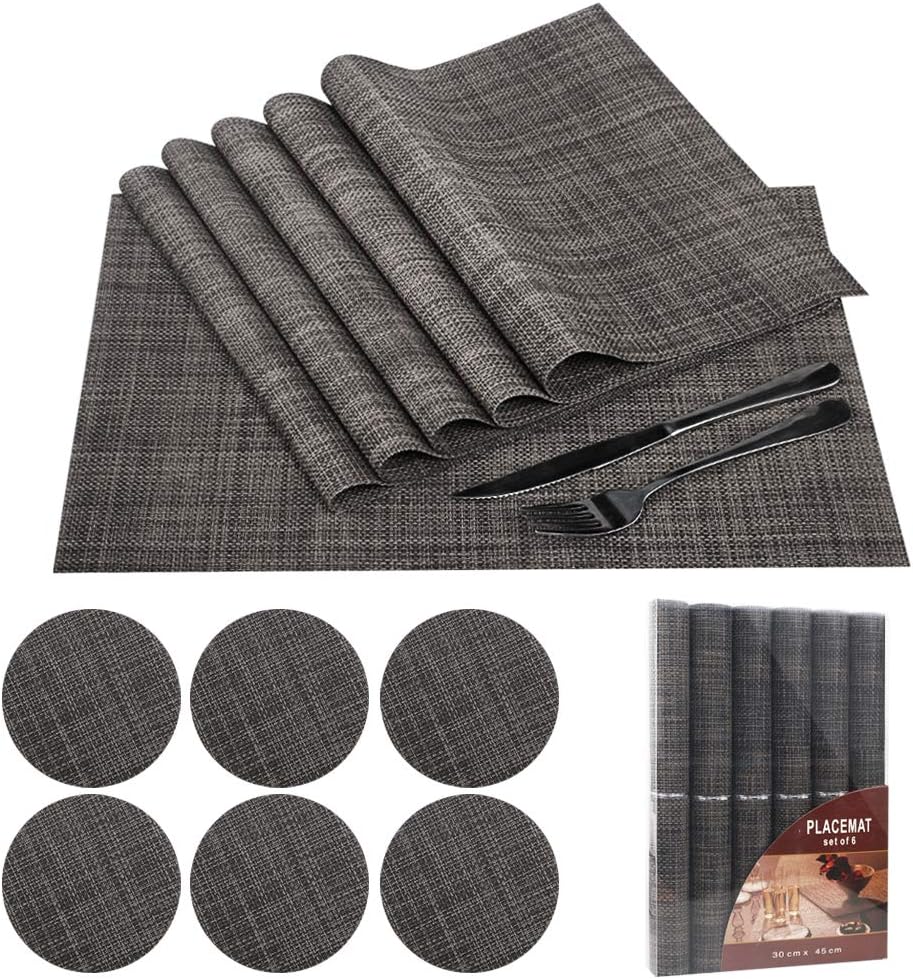 KWANITHINK Placemats for Dining Table, Woven Vinyl Washable Table Mats Set of 6, Heat Resistant Placemats and Coaster Set for Home and Kitchen Use (Black)