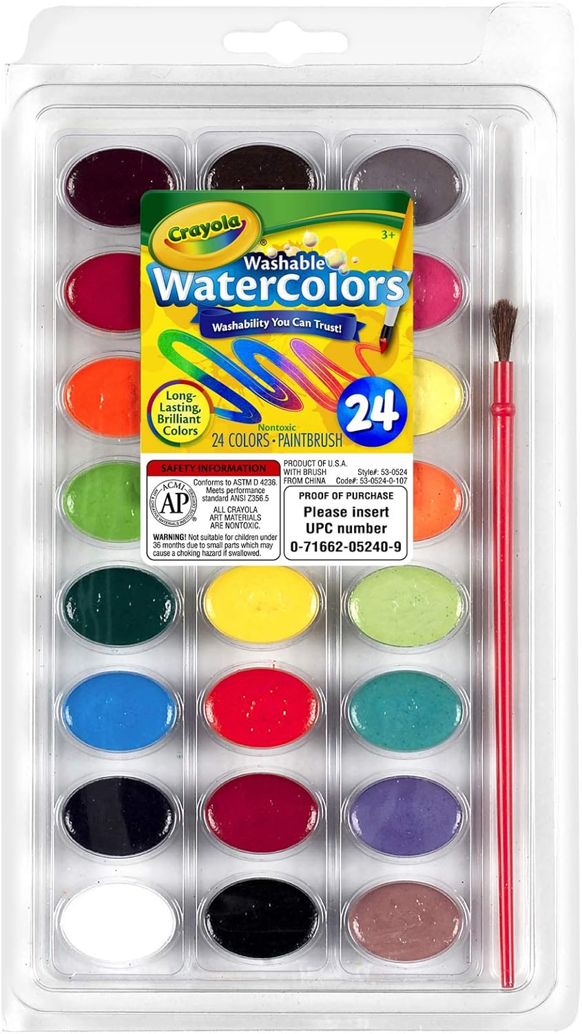 Crayola 24 Ct Washable Watercolors Easy to Clean Up, 24 Bright Washable Watercolor Paints, 1 Paintbrush, Ages 3+: Toys & Games