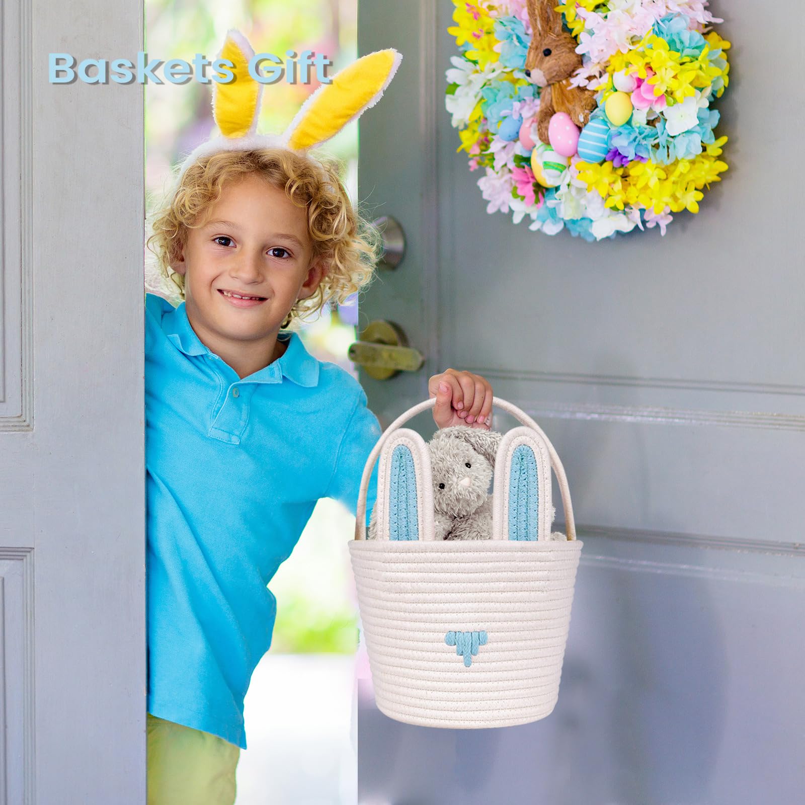 Easter Basket Empty Bunny Egg Baskets With Handle And Ears Easter Gifts Cute Woven Basket (blue)