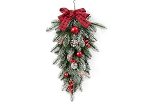 WDDH Christmas Teardrop Swag, 21.6inch Green Pine Needles Teardrop Swag with Red Berries and Pinecone, Greenery Christmas Teardrop Door Swag for Xmas Mailbox Wall Window Decor