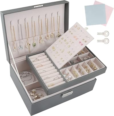 TEIVUL Jewellery Box 2 Layer Organizer with Keys PU Leather Velvet Interior