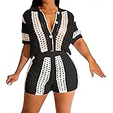 VOIKERDR Shorts Sets Women 2 Piece Outfits Crochet Hollow Out Shirt and Shorts Summer Vacation Beach Clothes