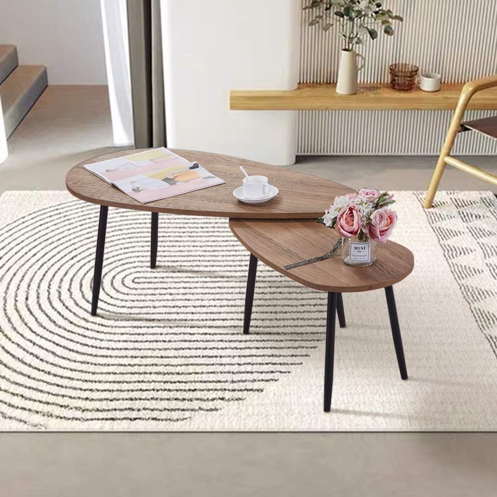 GOLDFAN Triangle Coffee Table Set Nest of 2 Tables Modern Sofa Coffee Side Table Black Metal Table Legs for Living Room Walnut