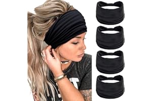 HUACHI Wide Headbands for Women Black Stylish Head Wraps Boho Thick Hairbands Large African Sport Yoga Turban Headband Hair Accessories (Pack of 4)
