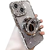 Changjia Magnetic Kickstand Glitter Case for iPhone 15 Plus, [Compatible with Magsafe] Bling Sparkly Rhinestone Diamond with Camera Protector Makeup Mirror Women Girls Case for iPhone 15 Plus (Silver)