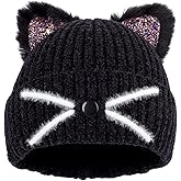 Cat Ear Beanie for Girls, Cute Cat Kids Winter Beanie Hat, Knitted Beanies Hats Ski Skull Cap for Girls Kids Aged 7-14T