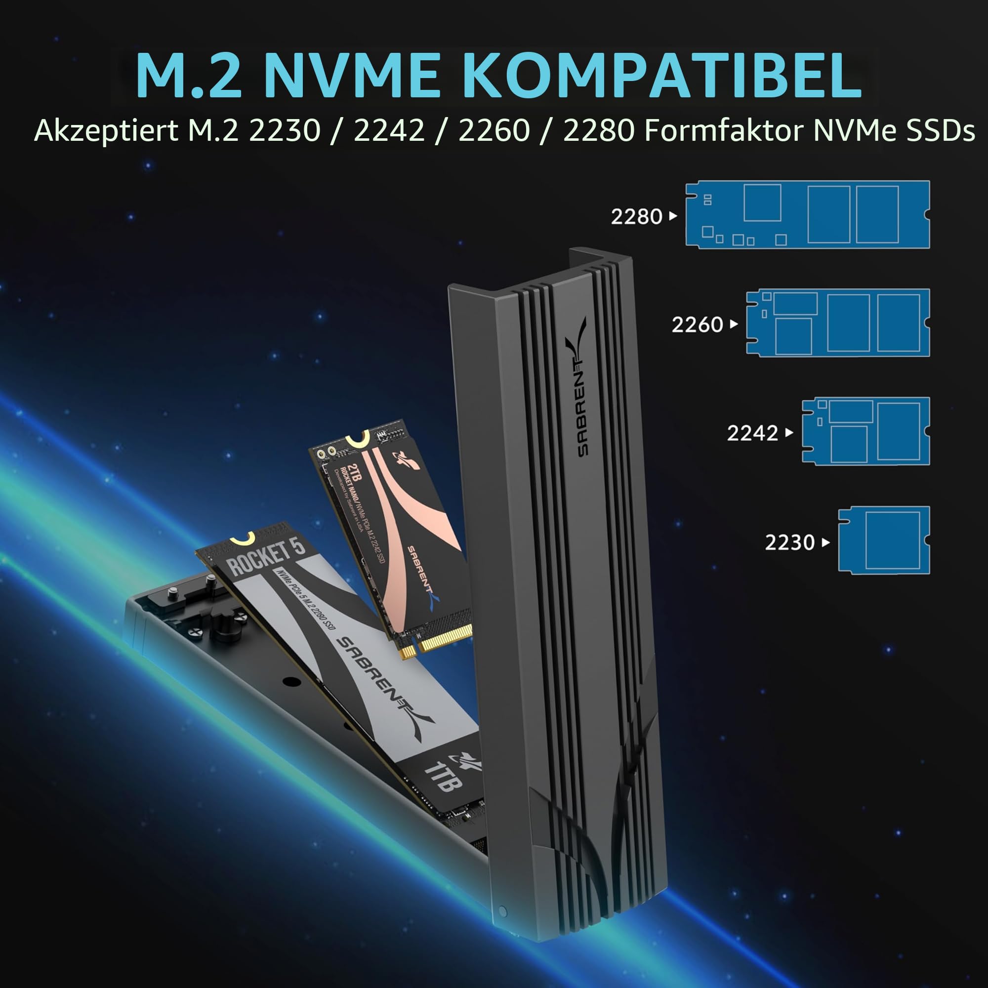 SABRENT NVMe Gehäuse USB 3.2 Type-C für M.2 SSDs 2230/2242/2260/2280, nur NVMe (Keine SATA), 10Gbps Gen 2, werkzeuglos, Aluminium-Kühlkörper, Type-A Adapter, Plug & Play (EC-PNVO) 6