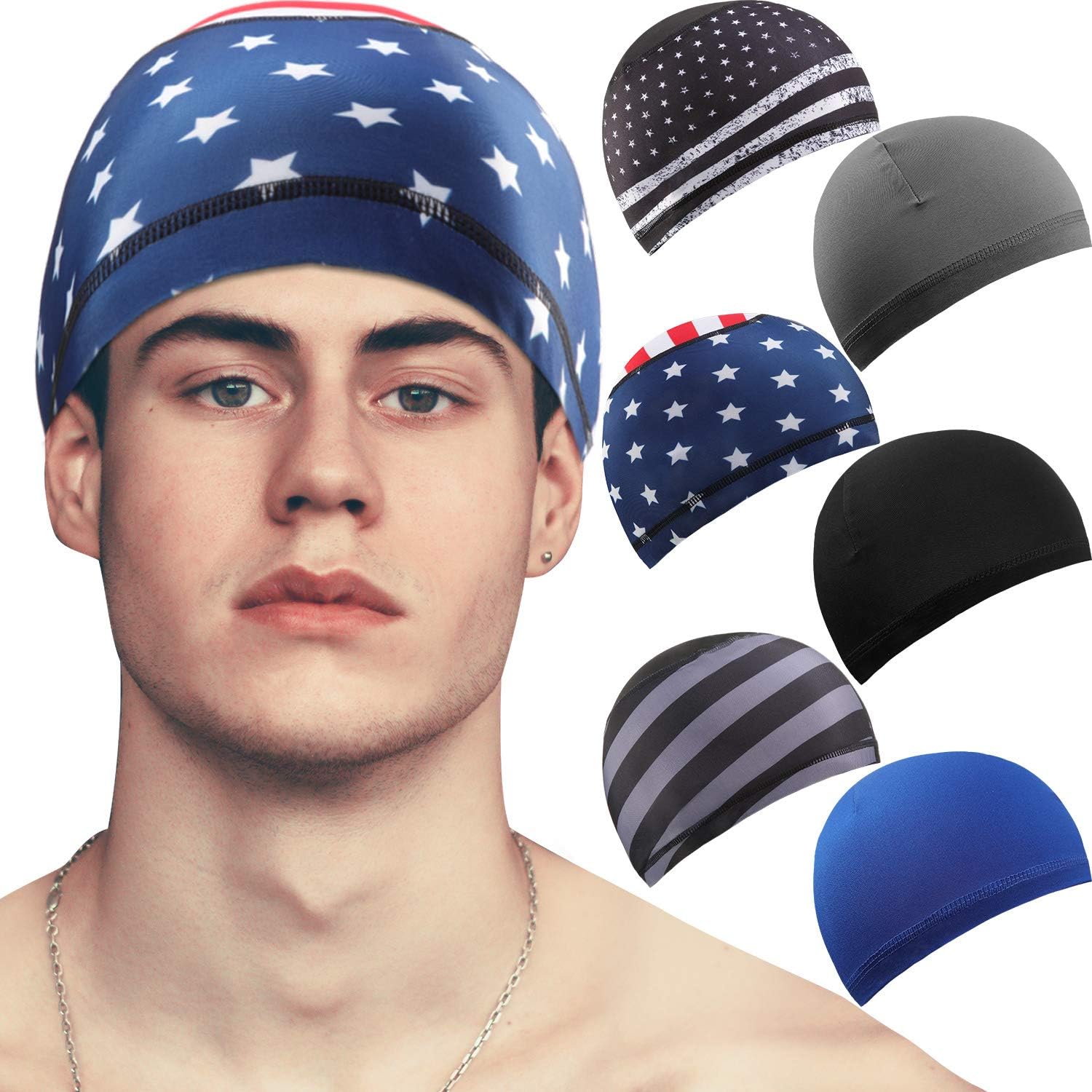 6 Pieces Skull Cap Running Hats Sweat Wicking Hats Cooling Beanie Cap Cycling Helmet Liner for Men and Women (Black, Blue, Grey): Clothing